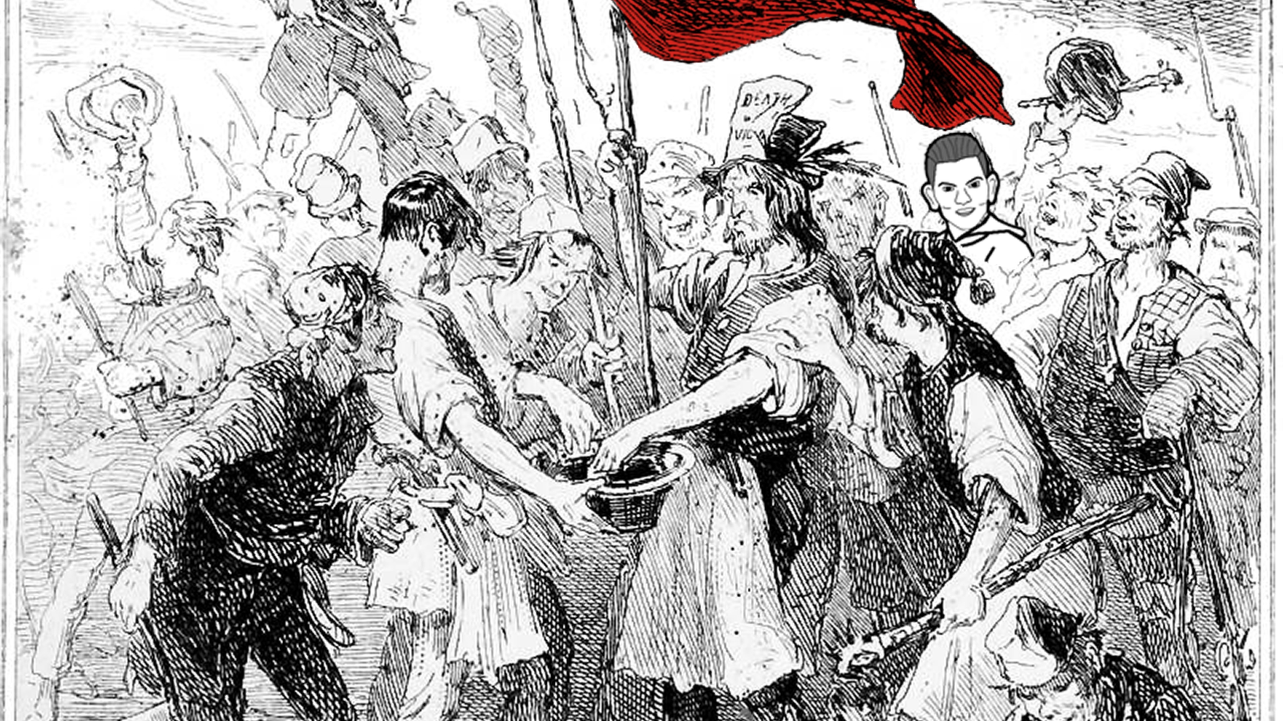 A black and white etching depicting a crowd of impoverished Welsh people, raising the red flag during the 1831 Merthyr Rising. To the right of the image, a modern figure is visible; a man with a slick haircut and sharp cheekbones: it's 'Deano'.