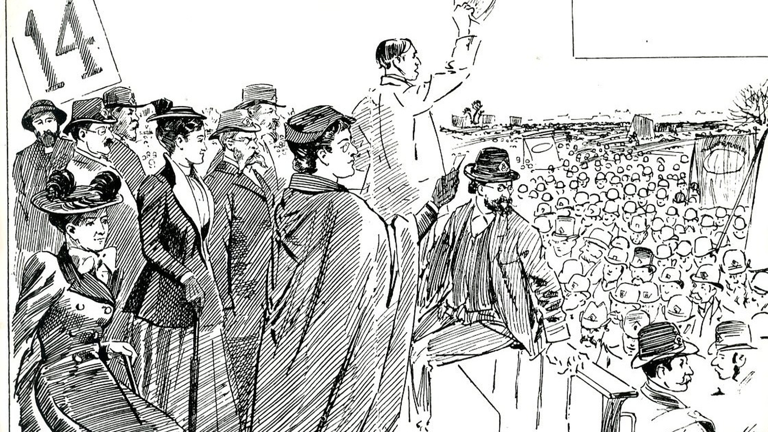 A line drawing from behind a of group of speakers, who are addressing a crowd at an outdoor rally. There are three men and three women on the platform.
